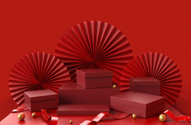 展示豪華產品的包裝的介紹有抽象瓷紙背景和金黃球在地板上,3d的紅色指揮臺禮物盒例證。 優質照片